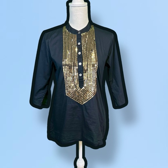 Figue Black Cotton Half-Button Gold Sequin Accented Tunic Size XS - Picture 1 of 13